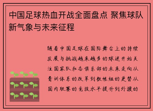 中国足球热血开战全面盘点 聚焦球队新气象与未来征程